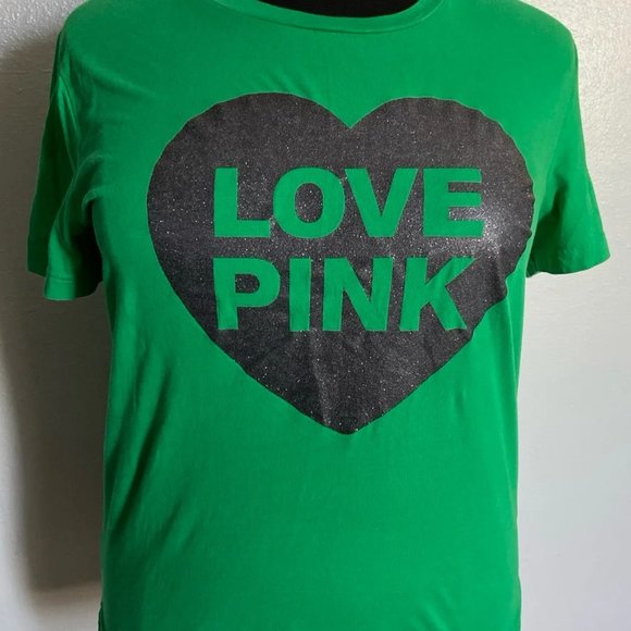 Victoria's Secret LOVE PINK Green St PATRICK'S DAY Black Glitter Heart T-SHIRT L - Picture 12 of 12